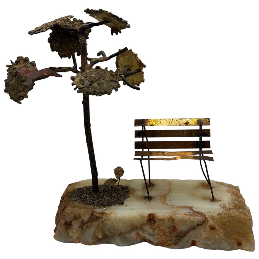 Vintage‎ Brutalist Metal Tree and Park Bench Sculpture on Marble Base MCM Art
